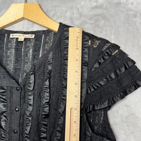 Womens Top 6 Sheer Lace Ribbon Cap Sleeve Black Lace Fairy Goth Whimsigoth Vamp - Picture 7 of 8